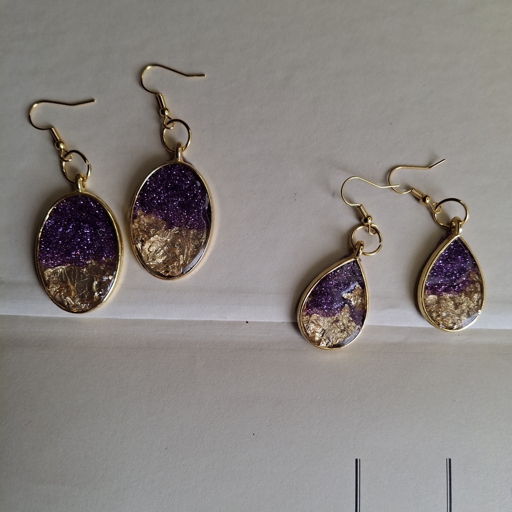 Gold and Purple Druzy Teardrop & Oval Earrings - Women Jewelry